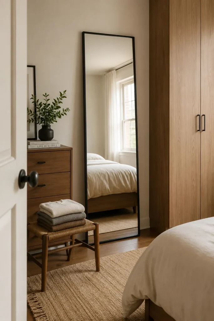 Contemporary bedroom dressing corner with a slim full-length mirror, wardrobe, dresser, and soft natural light.