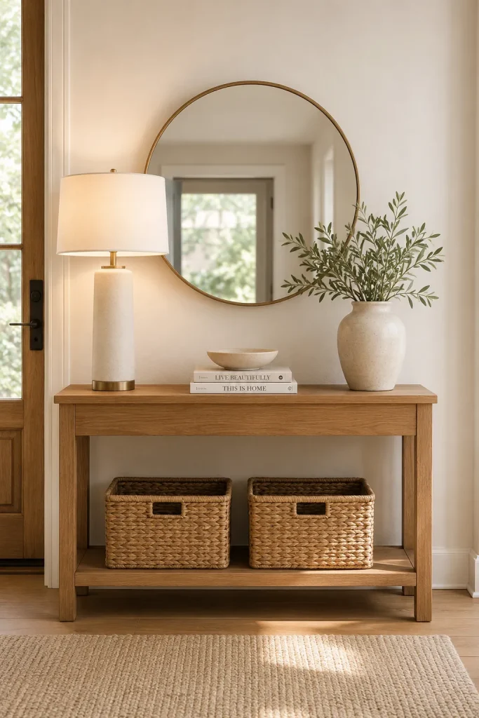 Balanced entryway console table with round mirror, lamp, catchall bowl, vase, books, and woven baskets on a lower shelf.