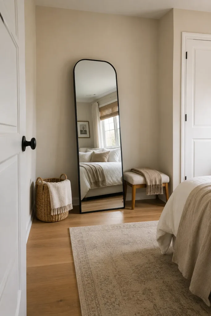 Tall standing mirror in a bedroom corner with a small bench, basket, and clean contemporary styling.