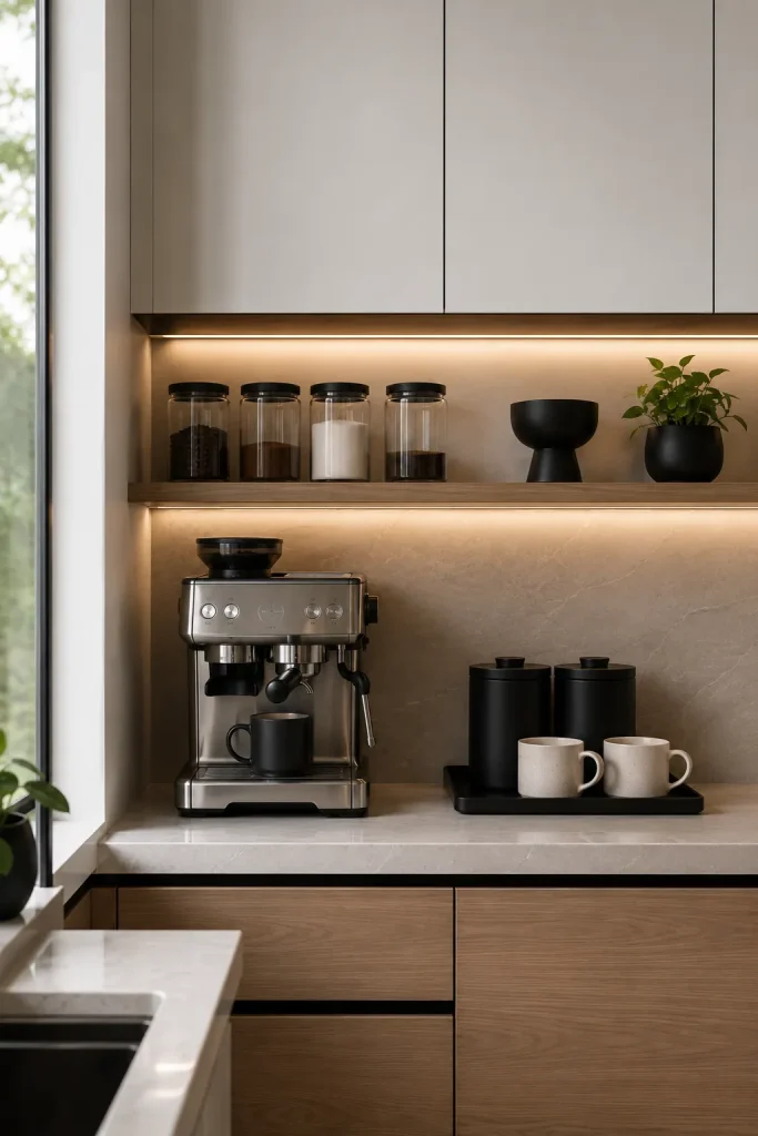 Modern coffee station with sleek espresso machine, simple canisters, neutral mugs, glass containers, stone counter, and clean kitchen lines.