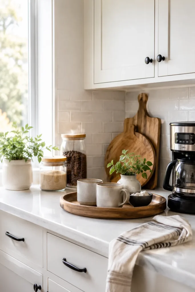 Kitchen home decor items with cutting boards, ceramic jars, fruit bowl, plant, tray, mugs, utensil holder, artwork, and coffee station corner.