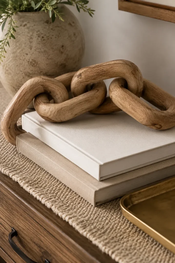 Wood decorative chain on stacked books with brass tray, stone vase, and linen runner on an entryway console table.