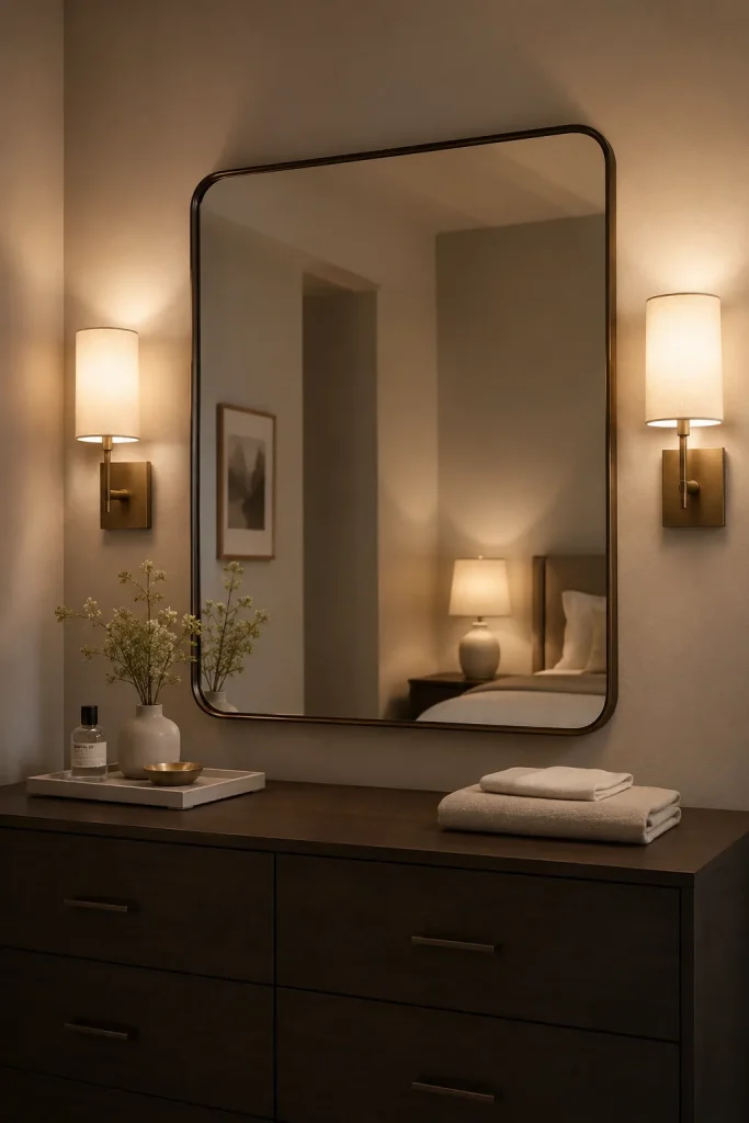 Bedroom mirror with warm lighting, soft glow, simple styling, and relaxing contemporary decor.