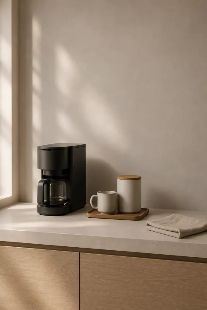 Minimalist coffee station with compact coffee maker, ceramic mugs, simple canister, small tray, folded linen, and clean neutral counter.