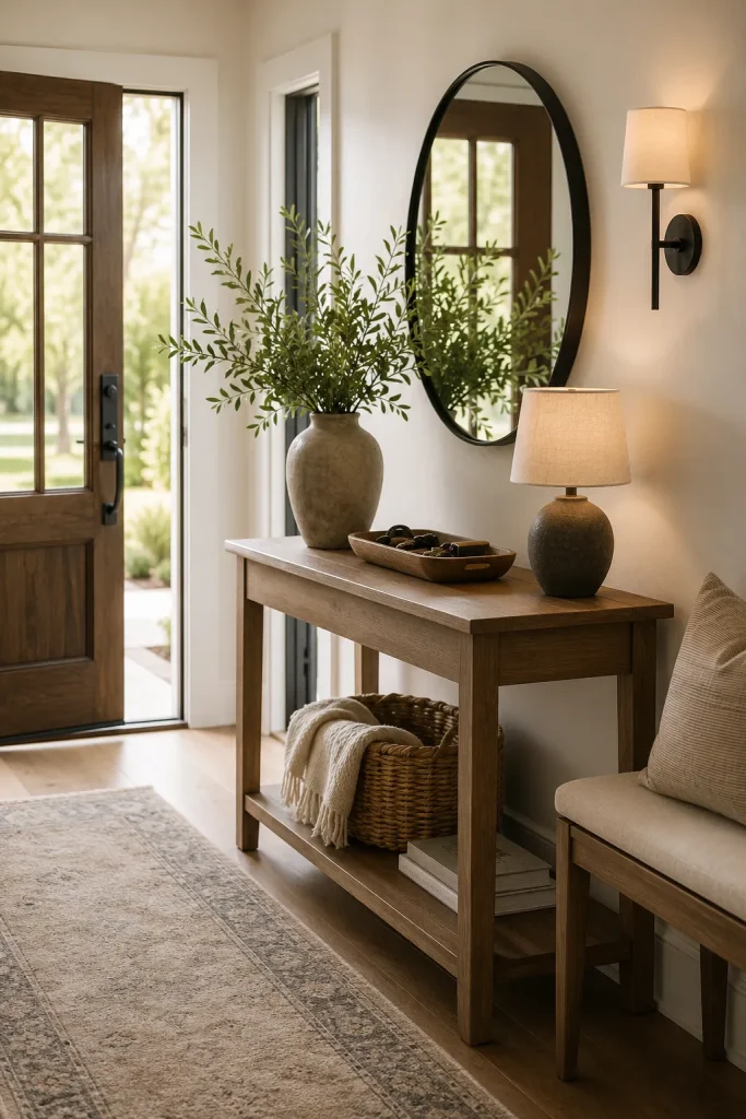Entryway decor items with console table, mirror, key tray, lamp, vase, basket, bench, hooks, runner rug, and welcoming styling.