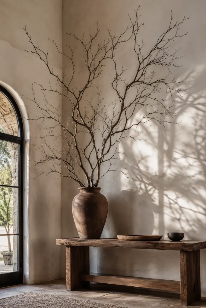 Tall sculptural branches in a ceramic vase on a simple entryway console table with branch shadows on the wall.
