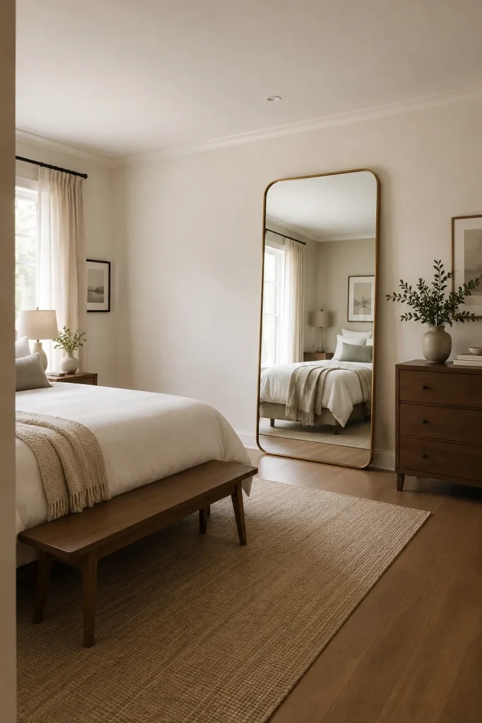 Smart mirror placement in a bedroom showing contemporary bedroom mirror decor ideas through calm reflections, soft curtains, clean bedding, and natural light.