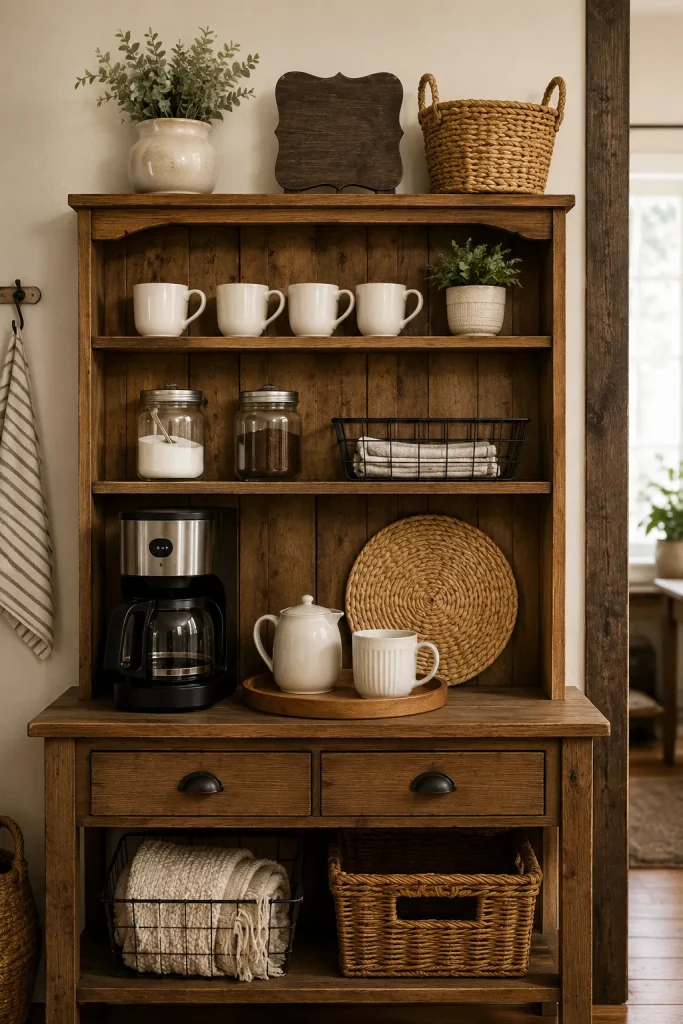 Farmhouse coffee station with wood hutch, white mugs, mason jars, wire basket, tray, coffee maker, and warm rustic styling.