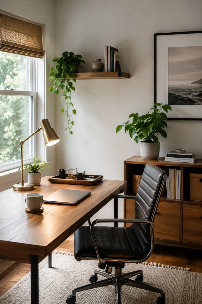 Office decor items with desk lamp, plant, tray, pinboard, framed art, wall shelf, storage box, bookends, rug, chair, and cable organizers.