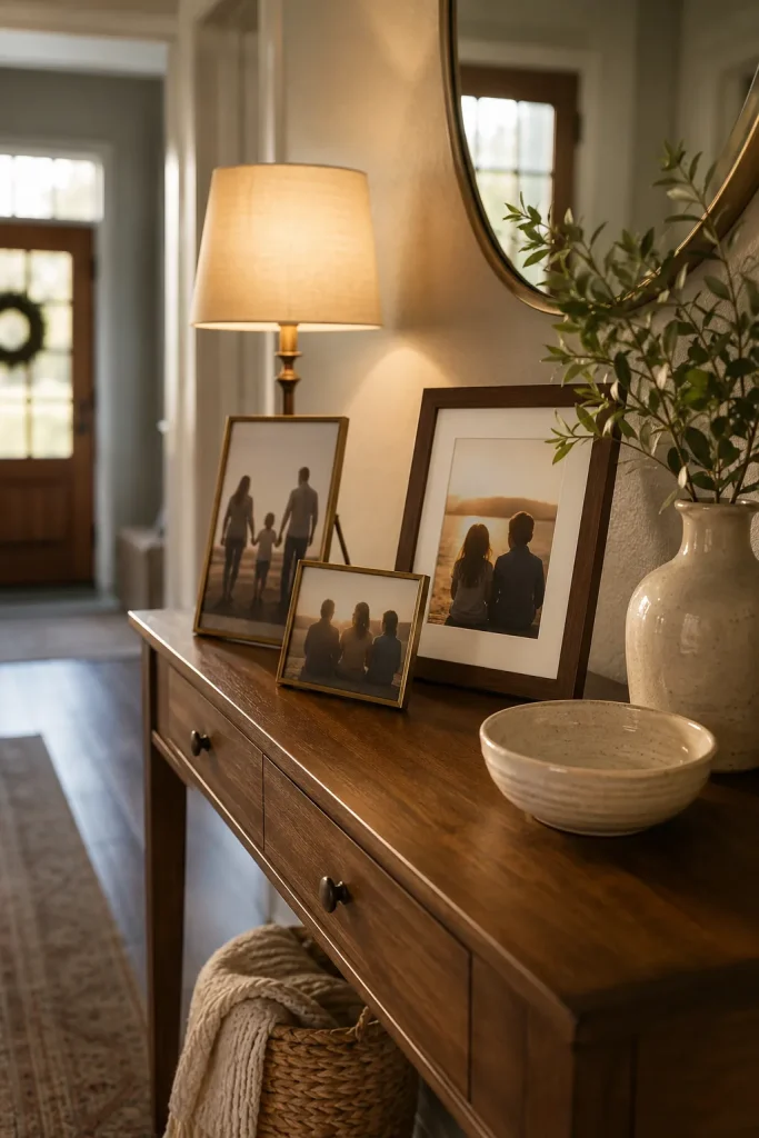 Personal entryway console table with a few family photo frames, warm lamp, ceramic bowl, greenery, and elegant neutral decor.