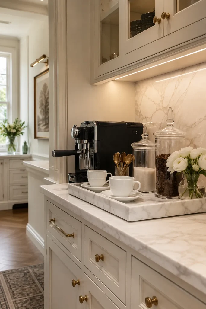 Elegant coffee station with marble tray, espresso machine, glass jars, brass accents, white cups, cream cabinetry, and white flowers.