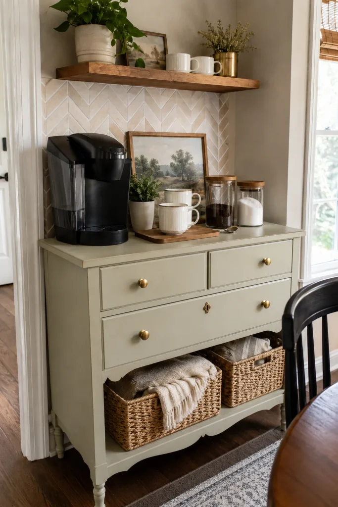 DIY coffee station made from a painted thrifted cabinet with new knobs, baskets, tray, mugs, jars, and compact coffee maker.