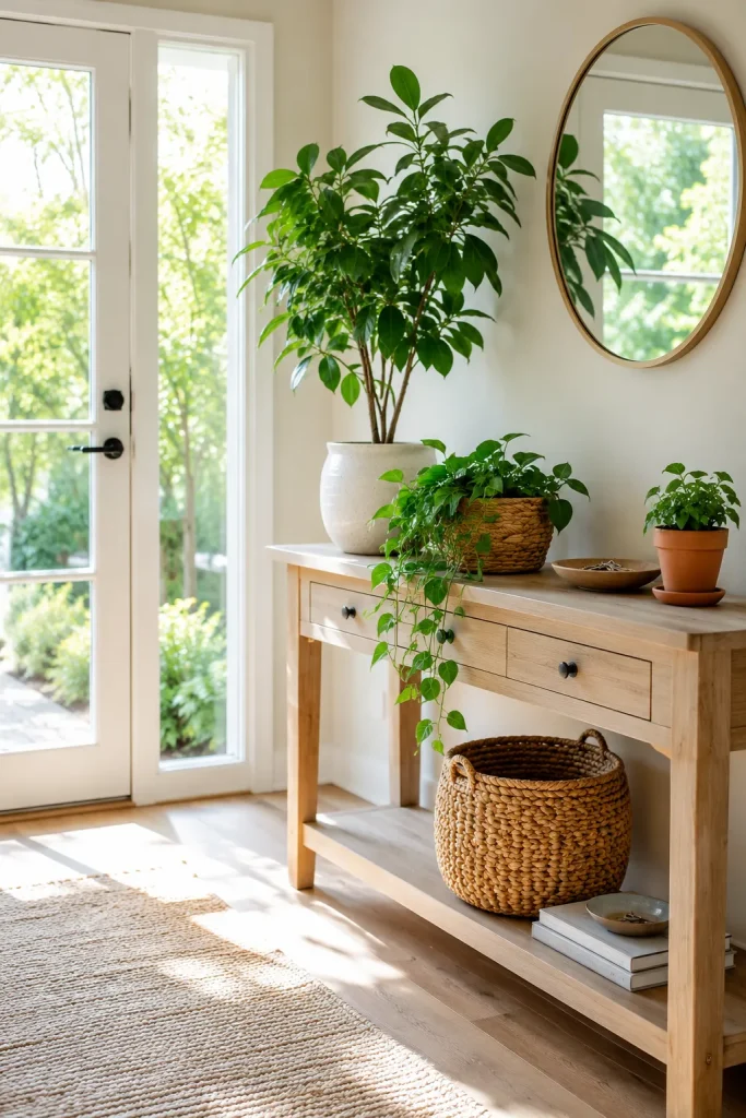 Bright entryway console table with a tall plant, trailing plant, small leafy plant, mixed pots, catchall bowl, and natural daylight.