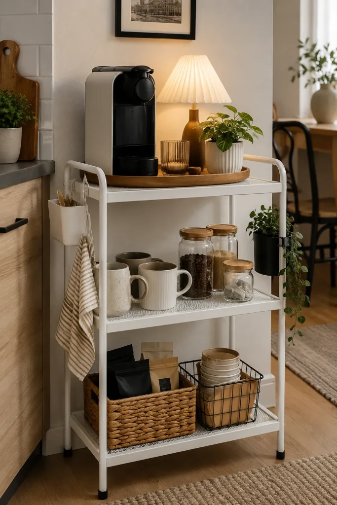 Affordable IKEA-style coffee station cart with coffee maker, mugs, jars, baskets, hooks, small lamp, tray, and plant.