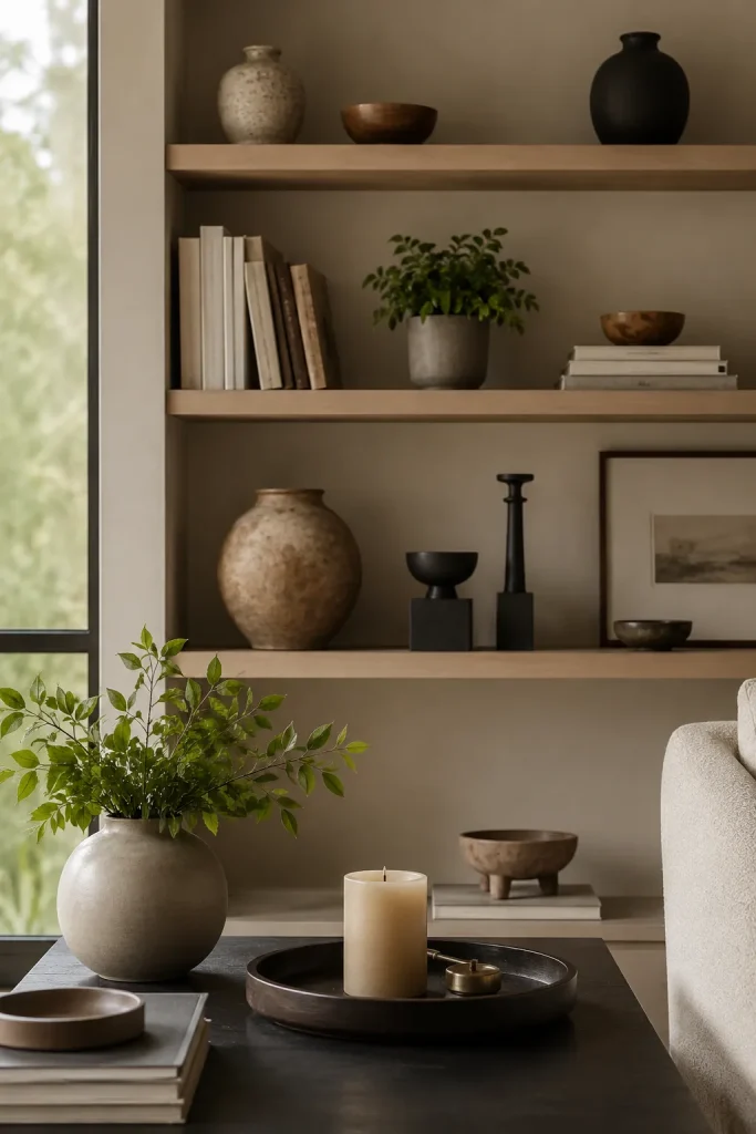Material-based decor items with wood bowl, ceramic vase, glass object, brass candleholder, stone tray, terracotta pot, rattan basket, and linen textile.