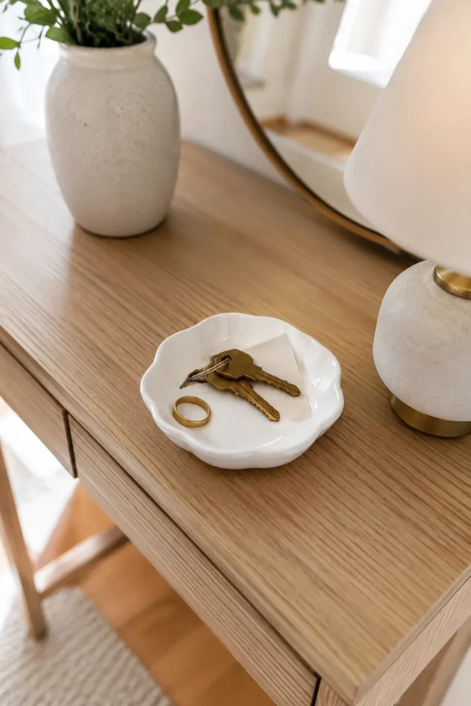 Ceramic catchall dish on an entryway console table holding keys and jewelry with lamp, mirror, and vase softly blurred behind.