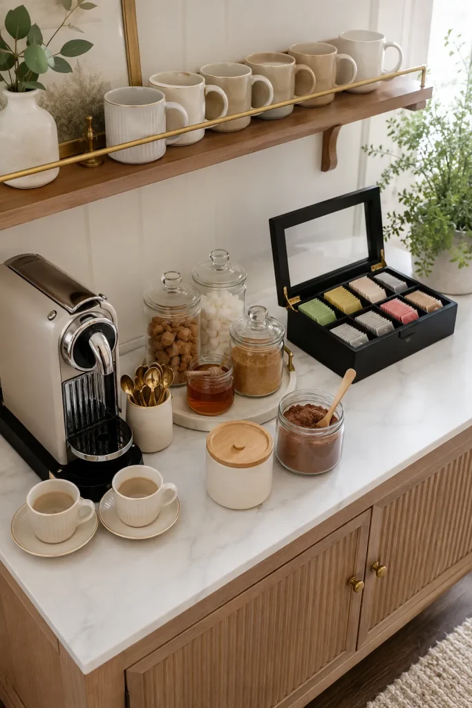 Coffee and tea station with separate zones for coffee maker, tea bags, mugs, sweeteners, jars, honey, and organized drink supplies.