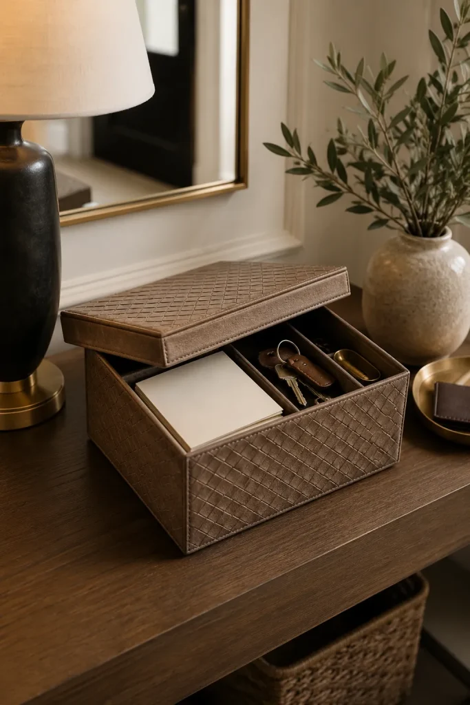 Stylish lidded storage box on an entryway console table with hidden small essentials, lamp, vase, and clean tray.