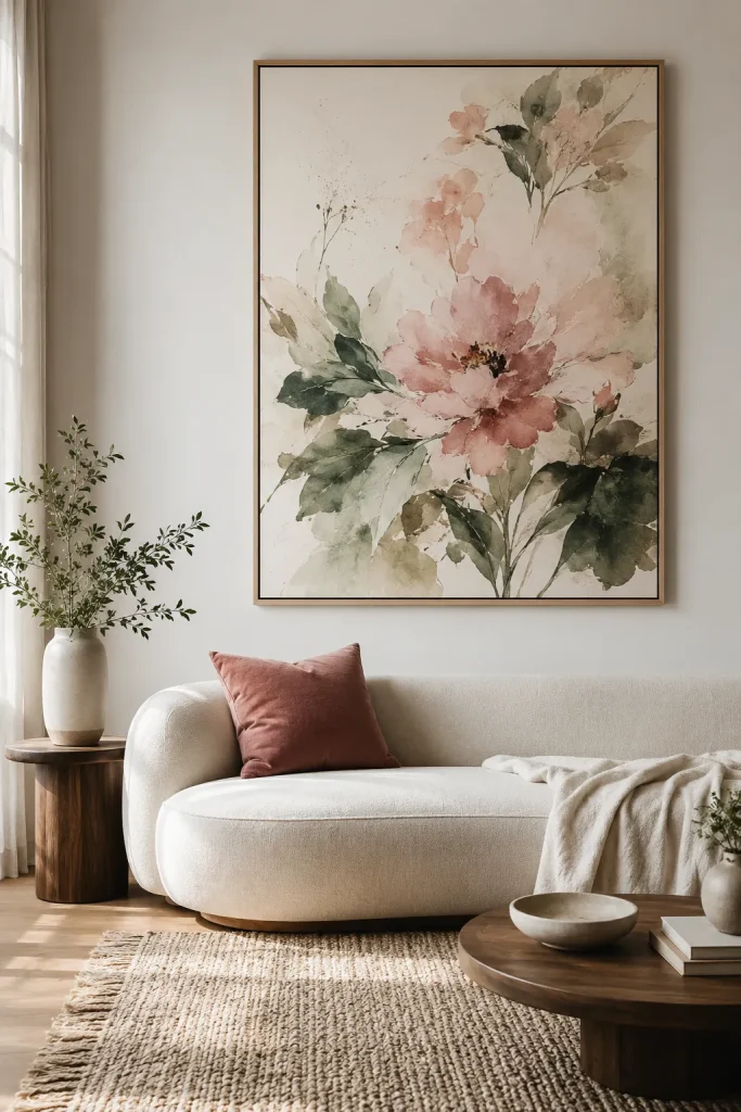 Living room with oversized floral wall art, neutral sofa, matching pillow, simple vase, and soft natural decor.