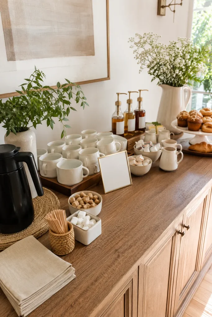 Home coffee bar station for entertaining with mugs, creamers, sugar, stirrers, pastries, syrups, napkins, and clear serving space.