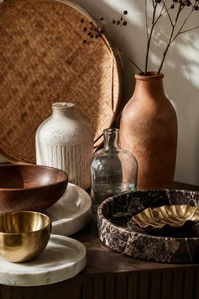 Timeless home interior avoiding clutter with mirror, lamp, natural textures, basket, vase, tray, personal objects, and empty breathing space.