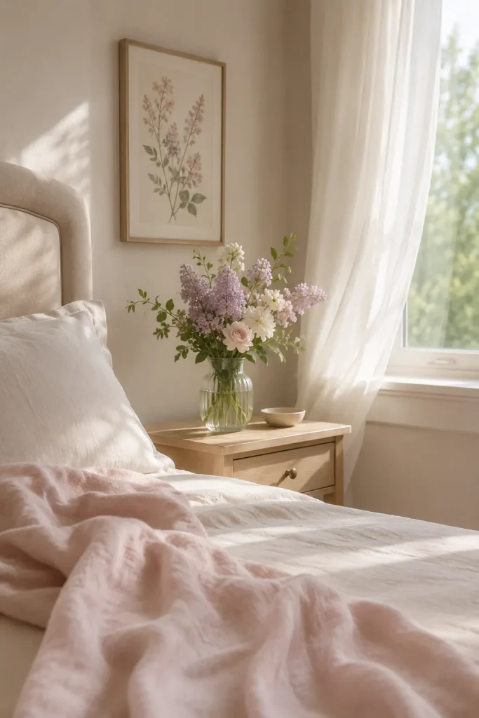 Restful bedroom with small bedside flower vase, cream bedding, blush throw, floral wall print, and soft morning light.