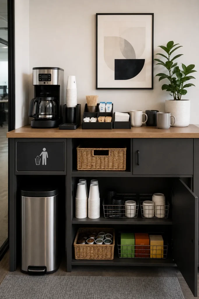 Office coffee station with coffee maker, cups, mugs, stirrers, napkins, sugar, creamer, backup supplies, and clean workspace styling.