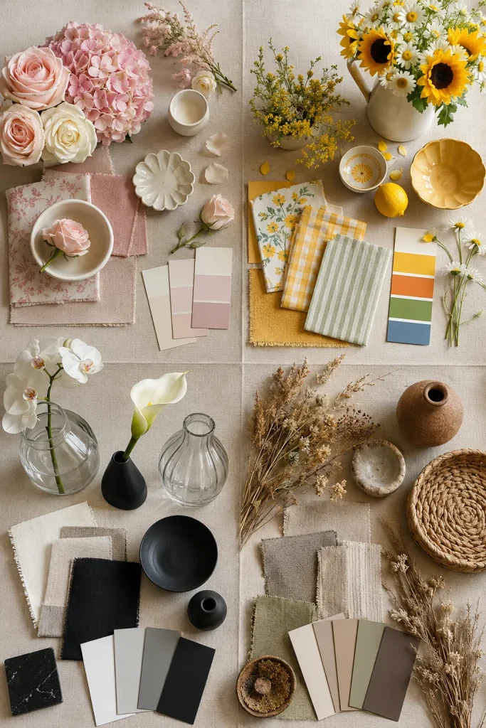 Overhead floral decor mood board with romantic, cheerful, modern, and rustic flower style ideas using vases, swatches, and stems
