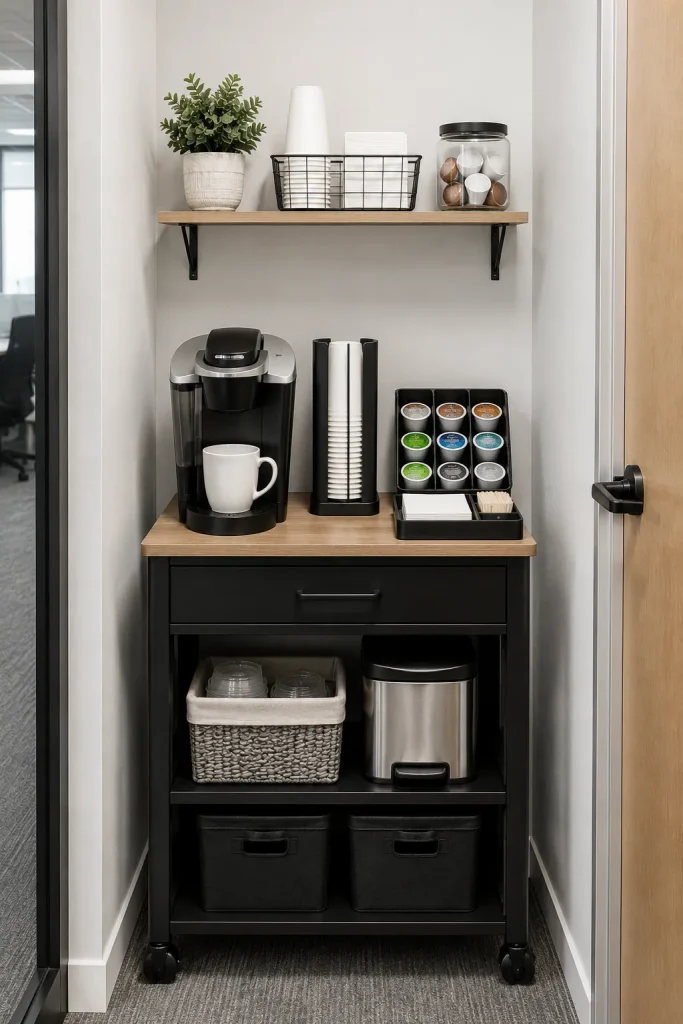 Small office coffee station with compact cart, single-serve machine, stacked cups, pod organizer, tray, napkins, and wall shelf.