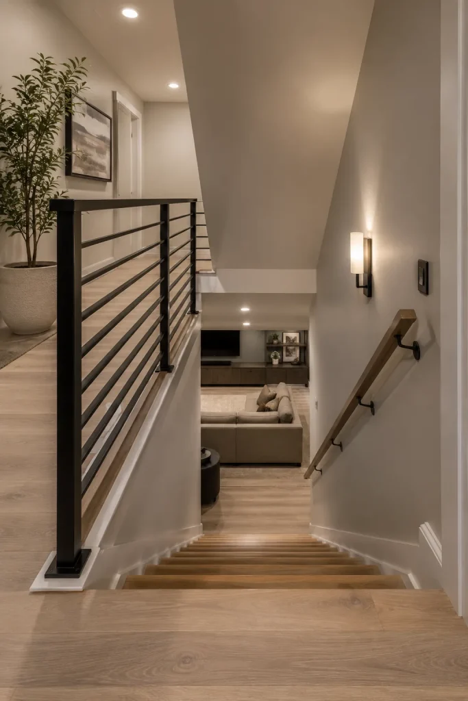 Basement staircase ideas with wood treads, painted risers, secure railing, warm wall lights, clean trim, landing, and finished lower level.