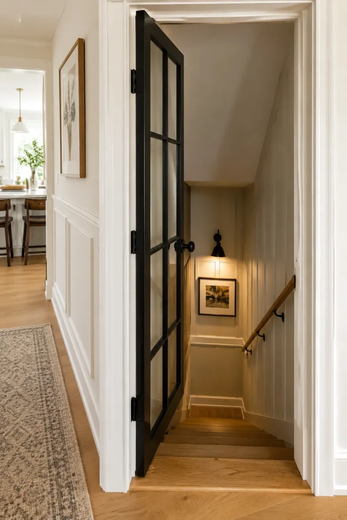 Basement door off staircase with glass panels, matching hardware, clean trim, runner, wall light, and warm finished stairway beyond.