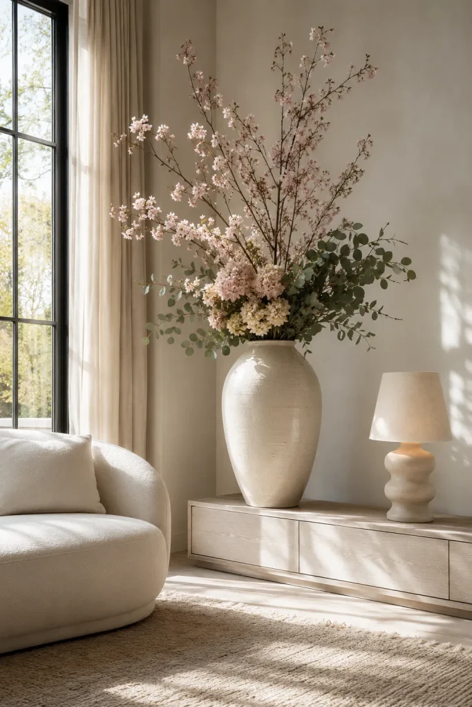 Large ceramic vase with tall flowers and greenery styled as a living room statement in a neutral corner.