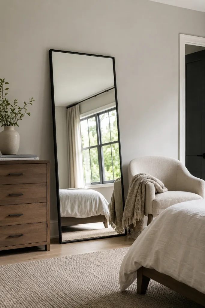 Large leaning floor mirror in a contemporary bedroom beside an accent chair and dresser with soft daylight.