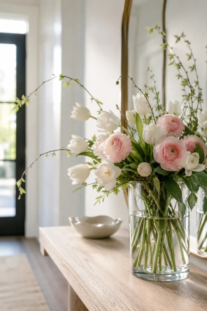 Fresh flowers in a tall glass vase on a narrow entryway console table with soft daylight and simple neutral decor.