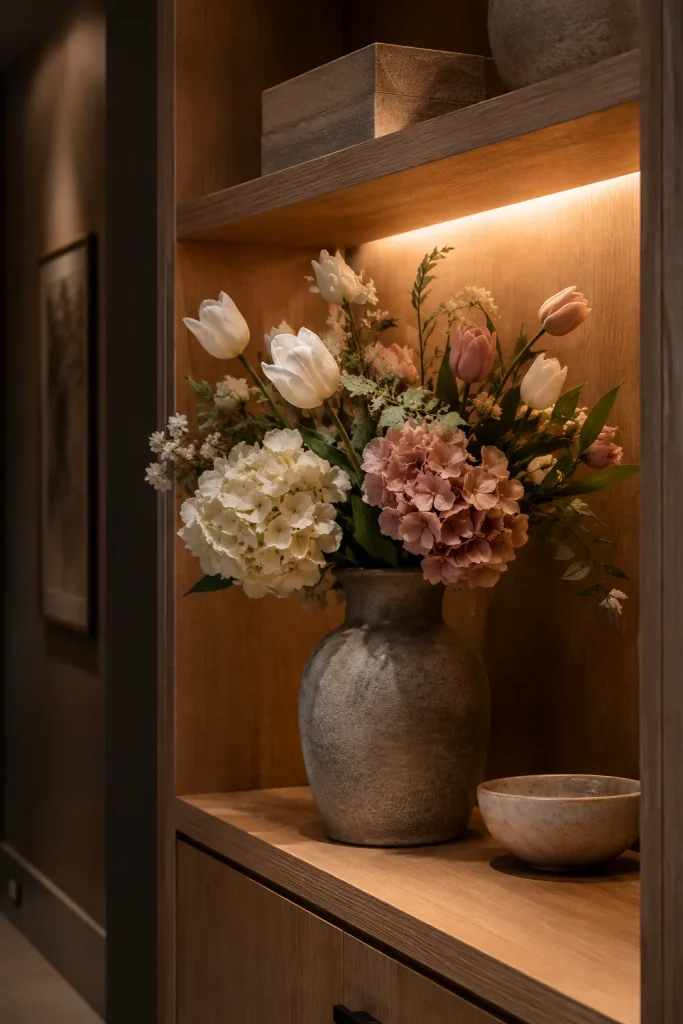 Realistic artificial flowers in a stone vase on a dim hallway shelf with warm lighting and simple decor accents.