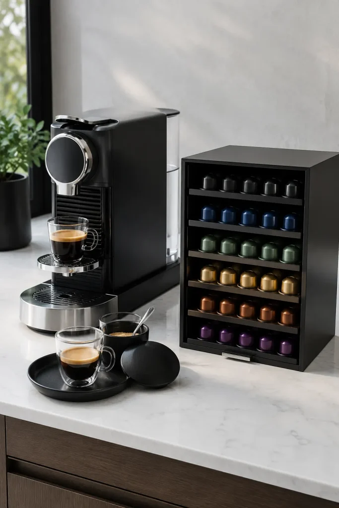 Nespresso-style coffee station with sleek espresso machine, organized capsule rack, espresso cups, tray, sugar bowl, and spoon.