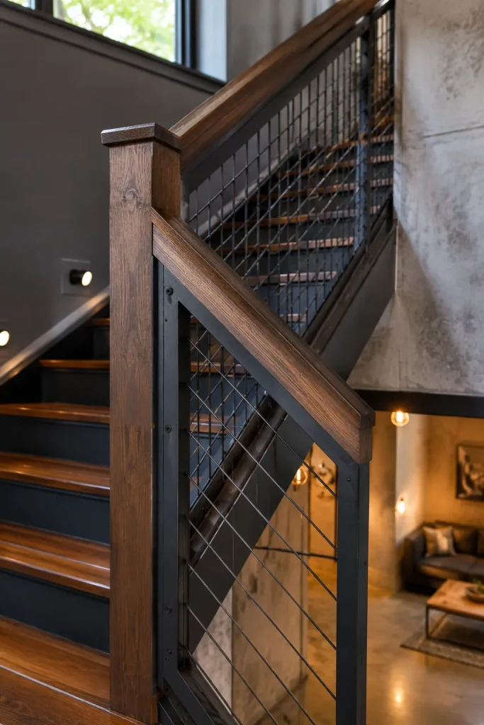 Basement staircase railing with black metal balusters, wood handrail, warm treads, painted risers, wall lighting, and safe modern style.