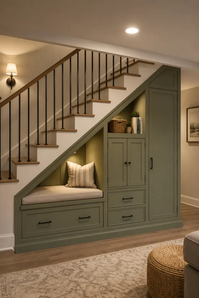 Under basement staircase ideas with built-in drawers, closed cabinets, open shelves, baskets, warm lighting, and finished storage under the stairs.