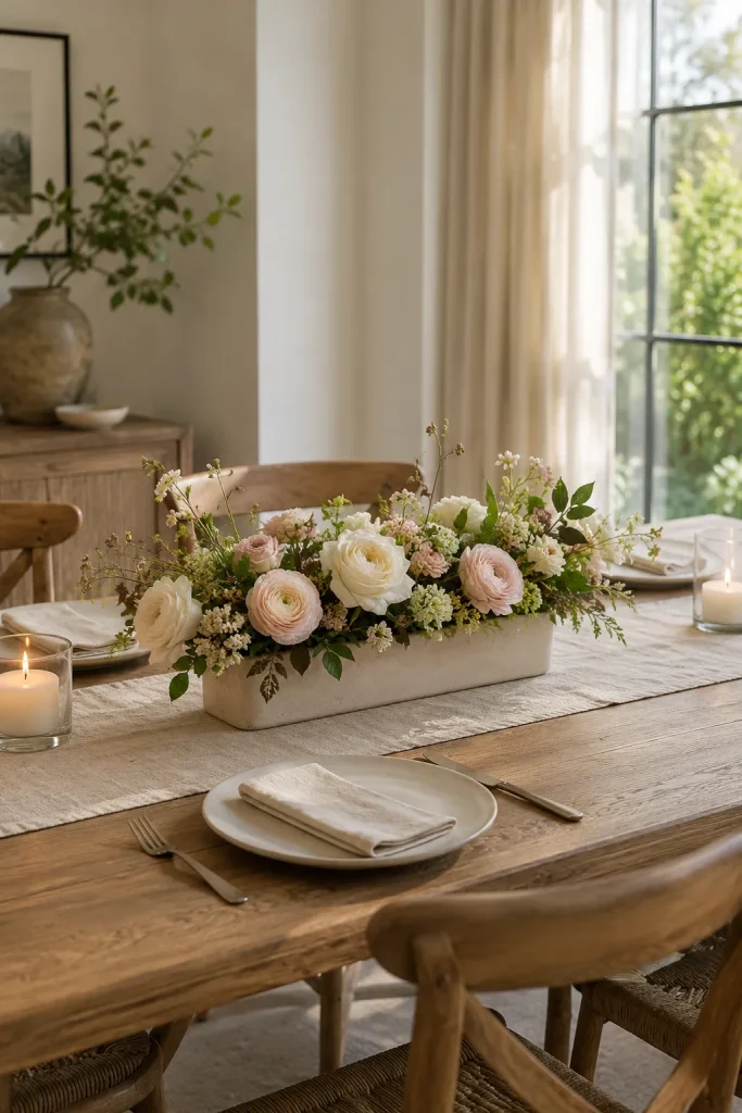 Low dining table flower centerpiece with soft roses, greenery, linen runner, candles, and neutral table styling.
