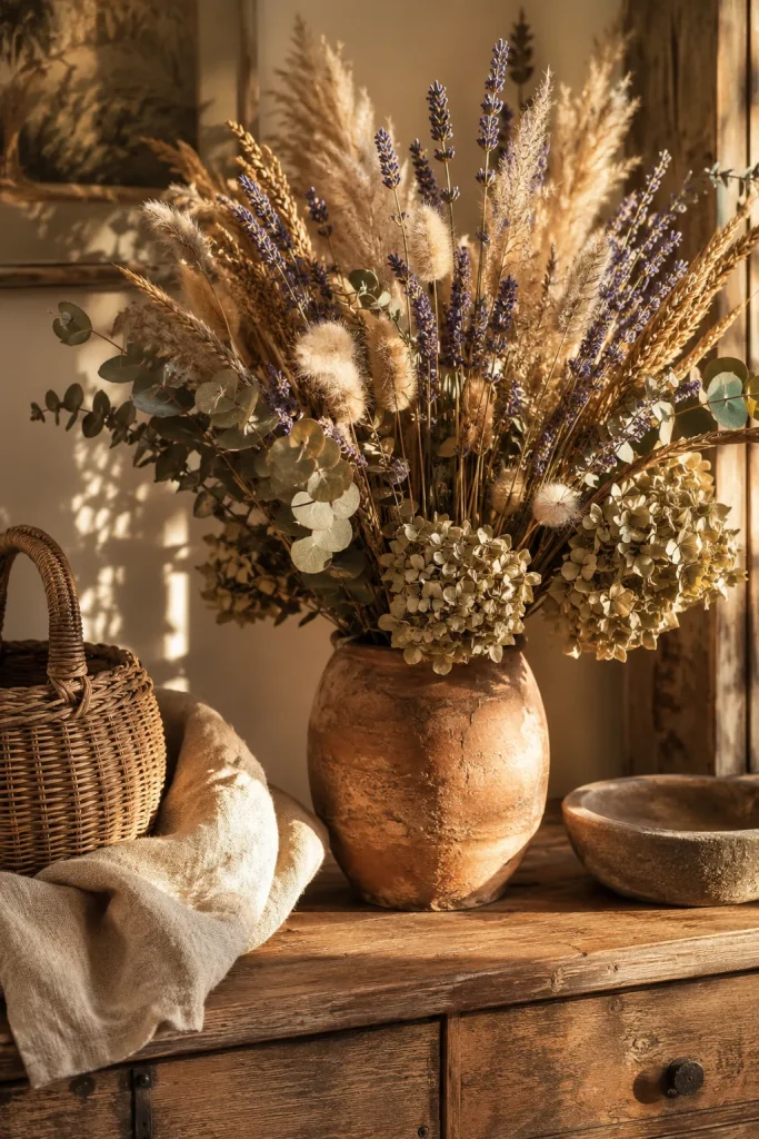 Dried flower arrangement with lavender, pampas grass, wheat, eucalyptus, clay vase, linen, and rustic wood textures.