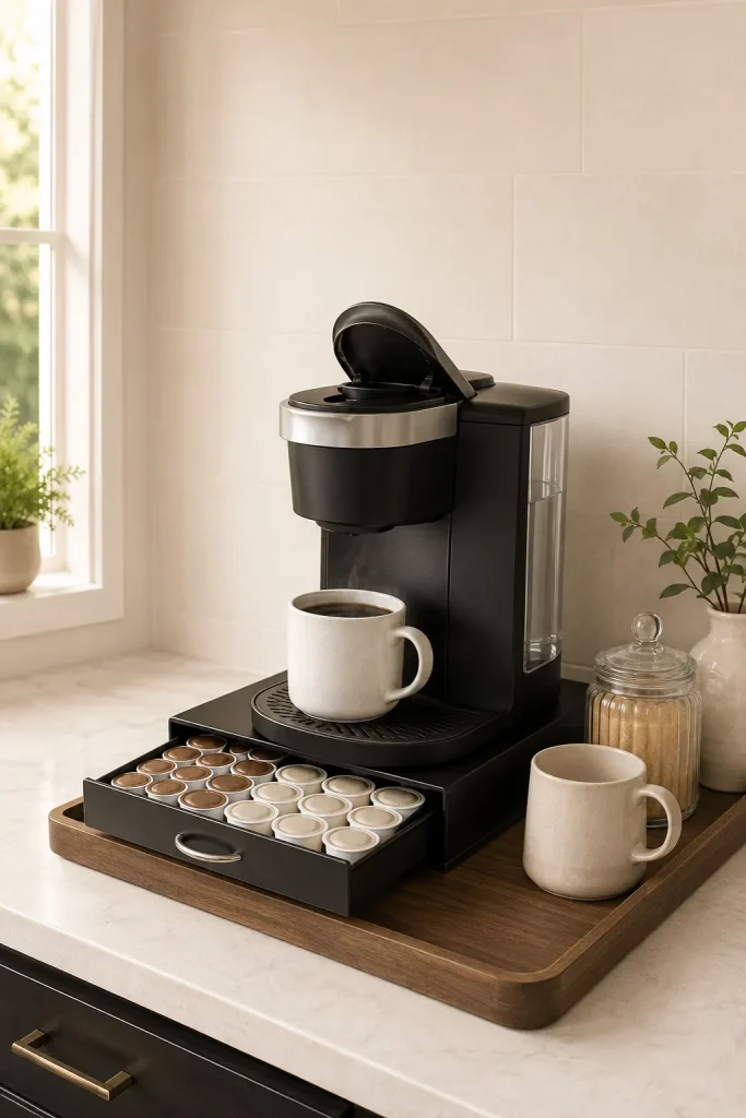 Keurig-style coffee station with single-serve machine, pod drawer organizer, mugs, sugar jar, tray, and clear lid space.