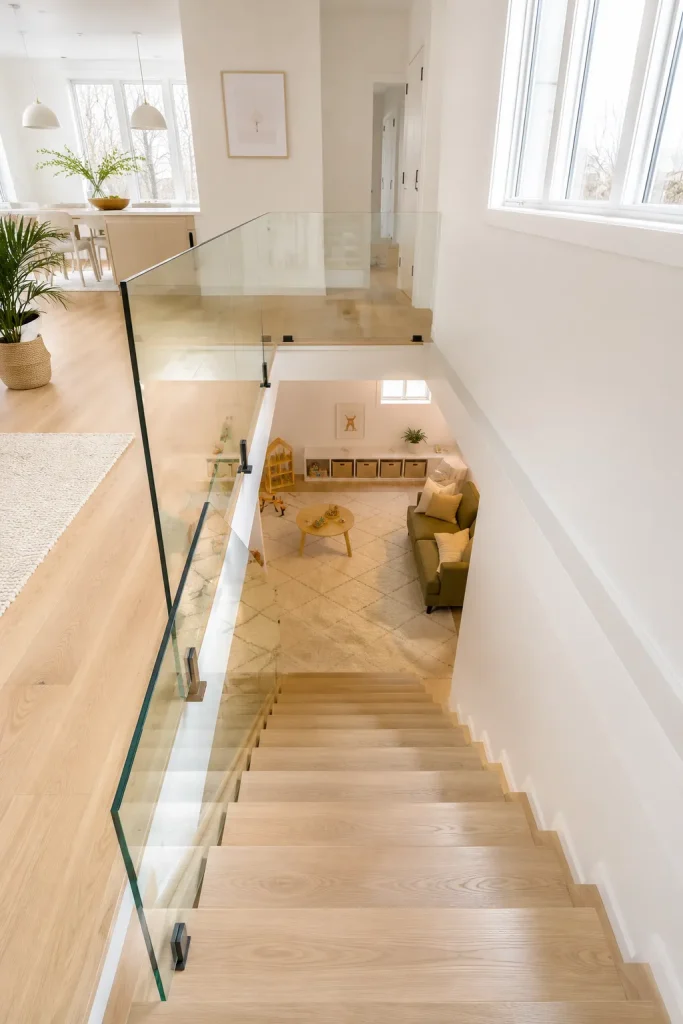 Open staircase to basement with slim railing, wood treads, light walls, warm stair lighting, and finished family room visible below.
