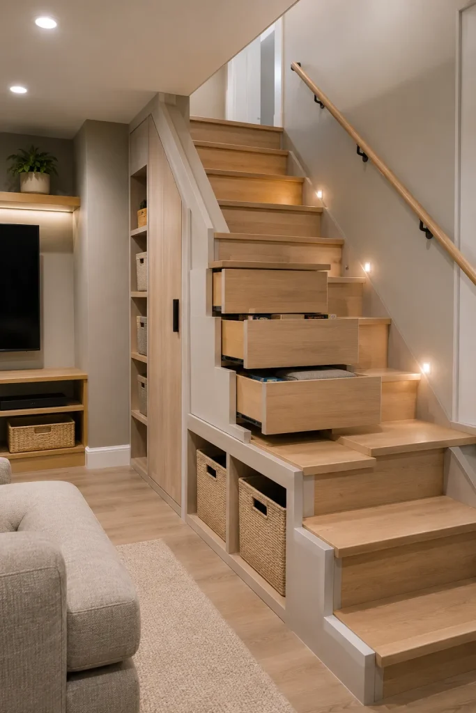 Basement staircase storage ideas with built-in drawers, tall cabinets, baskets, pull-out bins, clear walking path, and small basement organization.