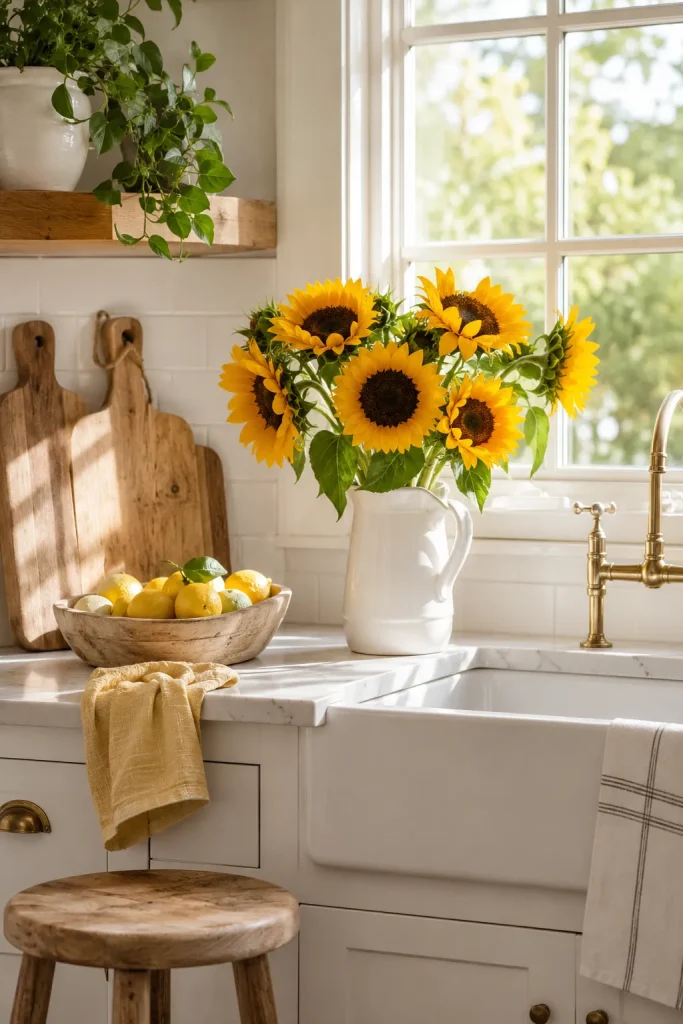 Sunflowers in a white pitcher on a bright kitchen counter with natural wood accents, lemons, and soft farmhouse styling.