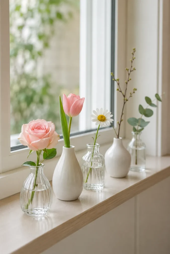 Small vases on a sunny windowsill with single flower stems, including rose, tulip, daisy, branch, and eucalyptus.