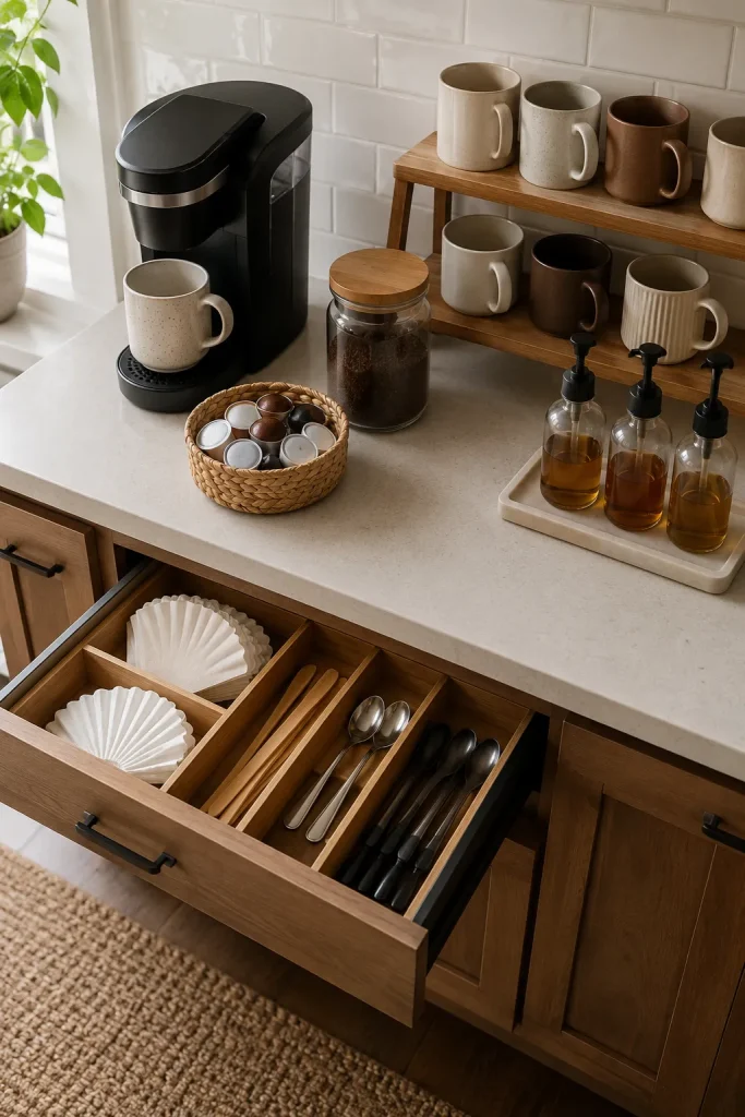 Coffee station organizer ideas with drawer dividers, mug riser, pod basket, syrup tray, coffee jar, compact machine, and neat counter.