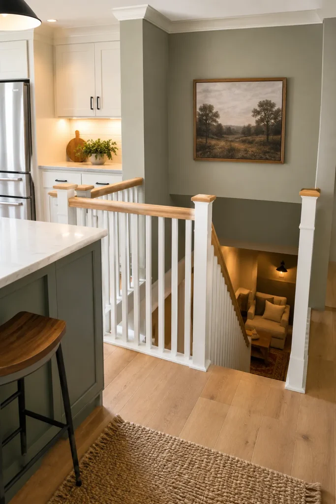 Open basement staircase railing with black metal balusters, wood handrail, main-floor hallway styling, warm flooring, and safe visible stair edge.