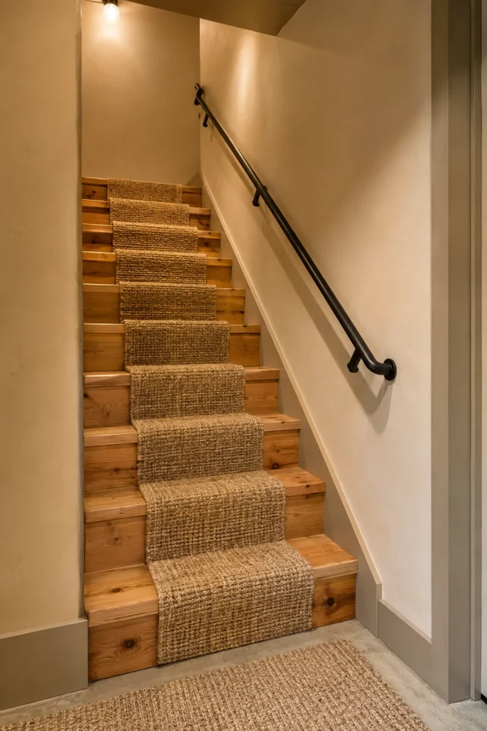 Unfinished basement staircase updated with warm white walls, sealed wood treads, painted risers, runner, black handrail, trim, and warm lighting.