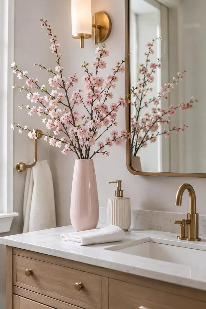 Cherry blossom stems in a blush vase on a bathroom vanity with marble counter, brass details, and soft neutral styling.