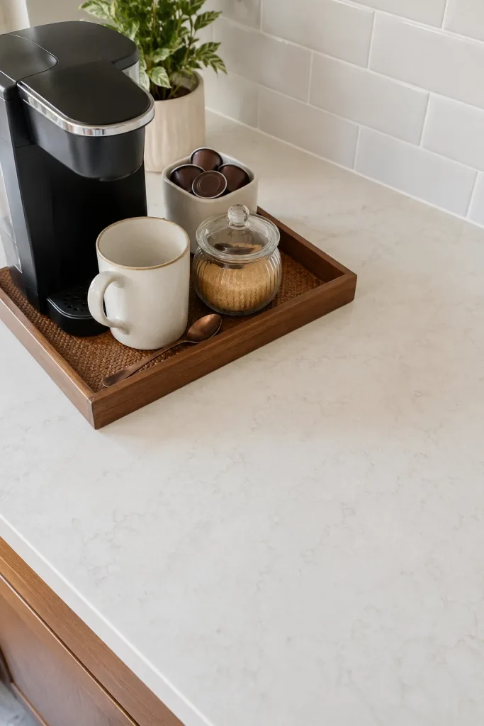 Coffee station tray on a small counter with compact machine, mug, sugar jar, spoon, pod container, and clear empty counter space.